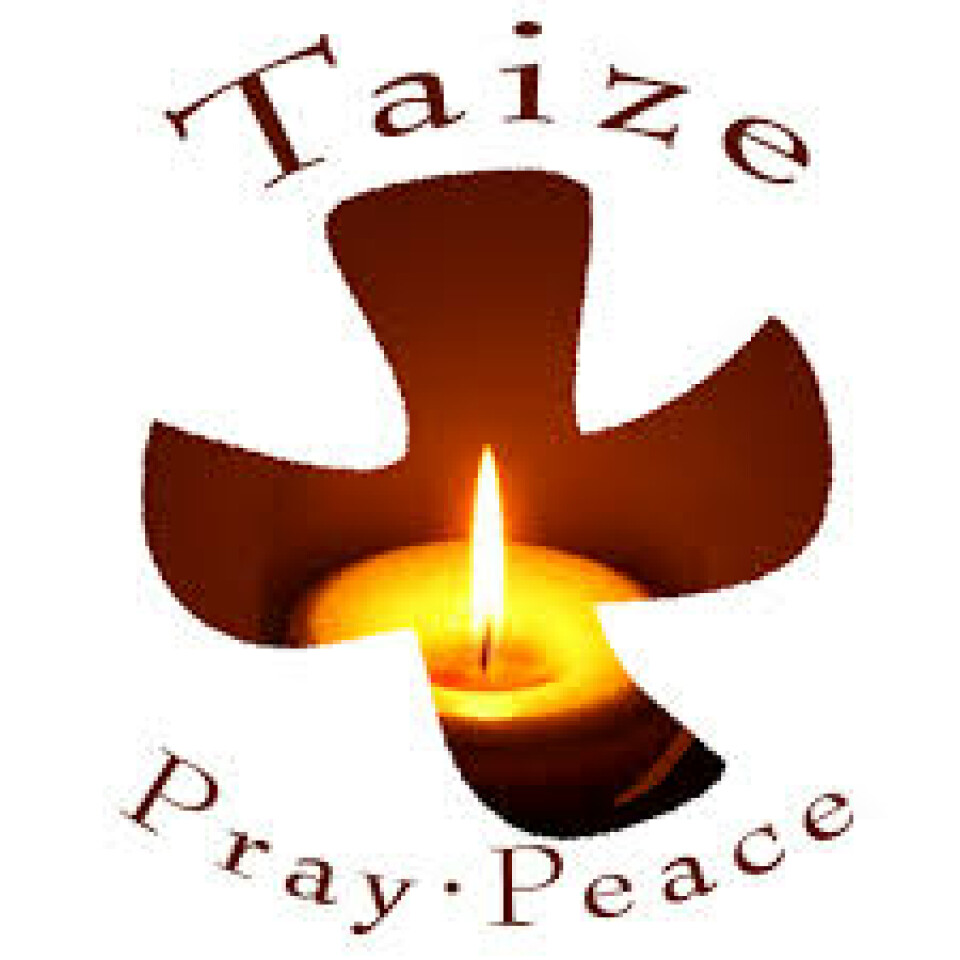Taize logo featuring a brown cross silhouette with a lit candle inside, and text "Taize" above and "Pray·Peace" below.