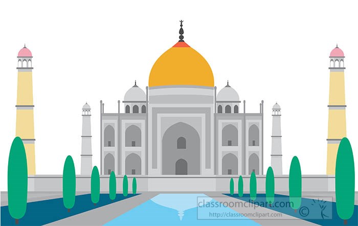 Stylized illustration of the Taj Mahal with golden dome, minarets, reflecting pool, and cypress trees.