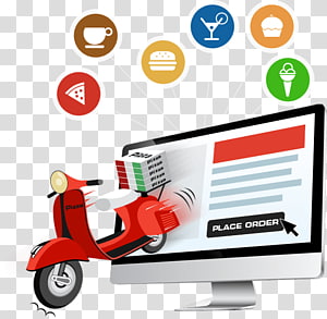 Red scooter delivering food from a computer screen with food icons floating above.