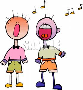 Two cartoon children singing joyfully with musical notes floating above them.