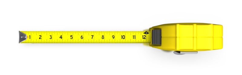 Yellow tape measure extended to 12 inches on a white background, showing clear black markings and a metal hook.