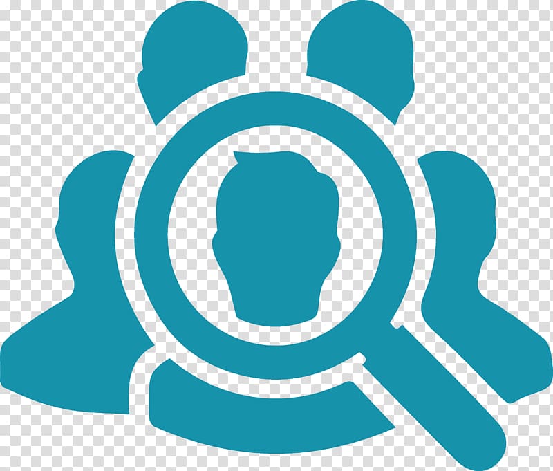 Blue icon showing a magnifying glass focused on a central person silhouette, surrounded by four other people silhouettes.