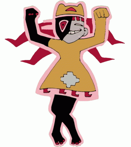 Stylized cartoon character in gold dress, red cape, and crown, cheering with raised fists.