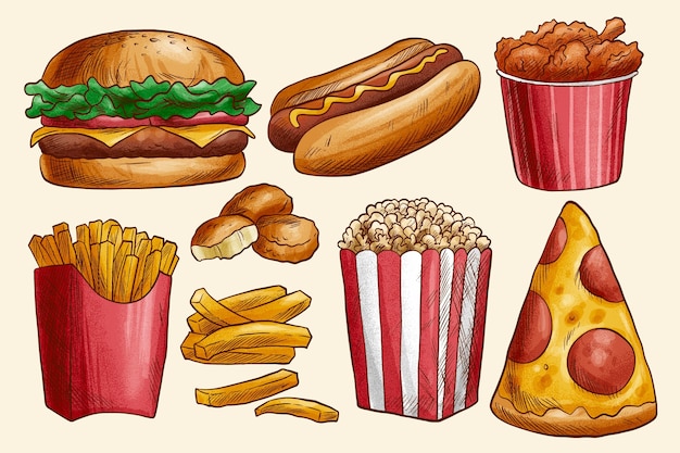 Fast Food Illustration - Classic Junk Food Icons in Vintage Sketch Style