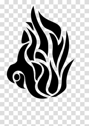 Black tribal-style flame design with stylized fish head motif on transparent background.