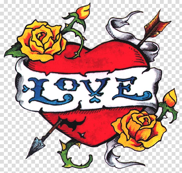 Traditional tattoo-style red heart pierced by arrow, wrapped with "LOVE" banner and flanked by yellow roses.