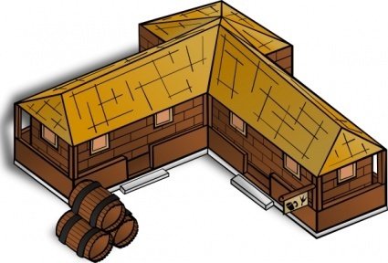 Isometric illustration of a rustic wooden L-shaped building with thatched roof and barrels outside.