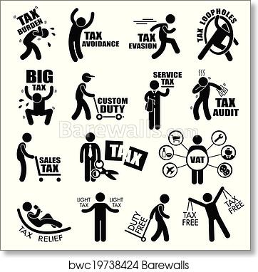 Collection of black-and-white tax-related icons including evasion, audit, relief, VAT, and loopholes.
