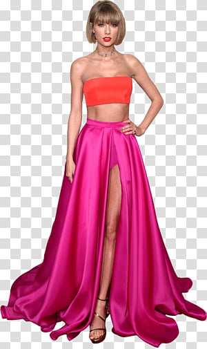 Taylor Swift in a vibrant coral crop top and fuchsia satin high-slit gown with gold heels, posing confidently.