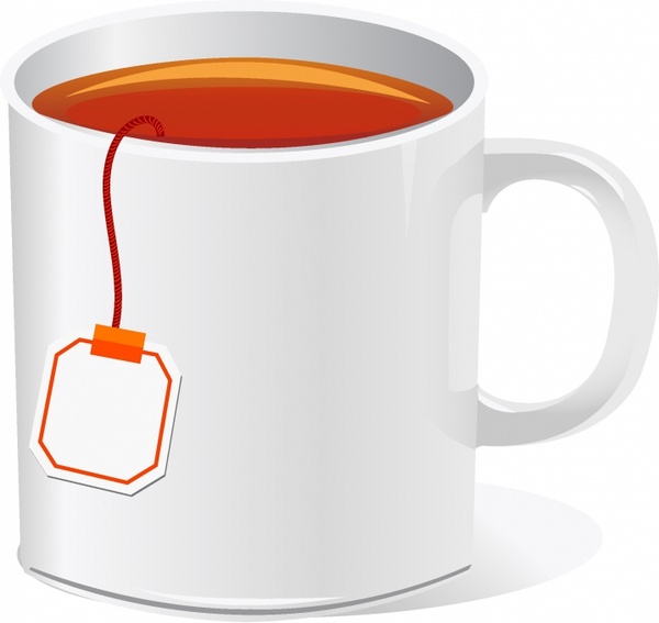 White ceramic mug filled with amber tea, teabag tag hanging over the rim.