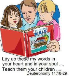 A family of three-mother, father, and child-reading a colorful "Children's Bible" together.