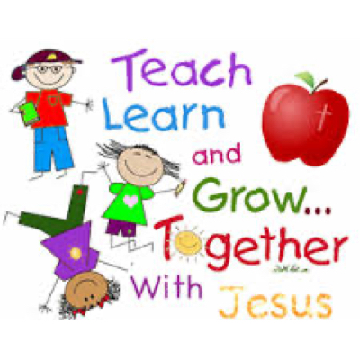 Cartoon children with books and a red apple with a cross, illustrating Christian education and growth.