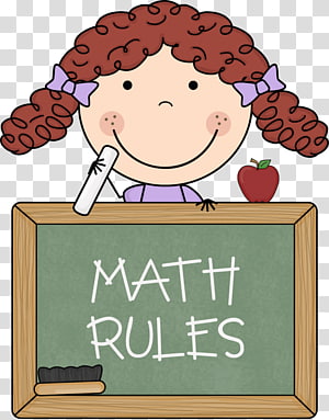 Smiling cartoon girl with curly red hair stands behind a chalkboard labeled "MATH RULES", holding chalk, with an apple nearby.