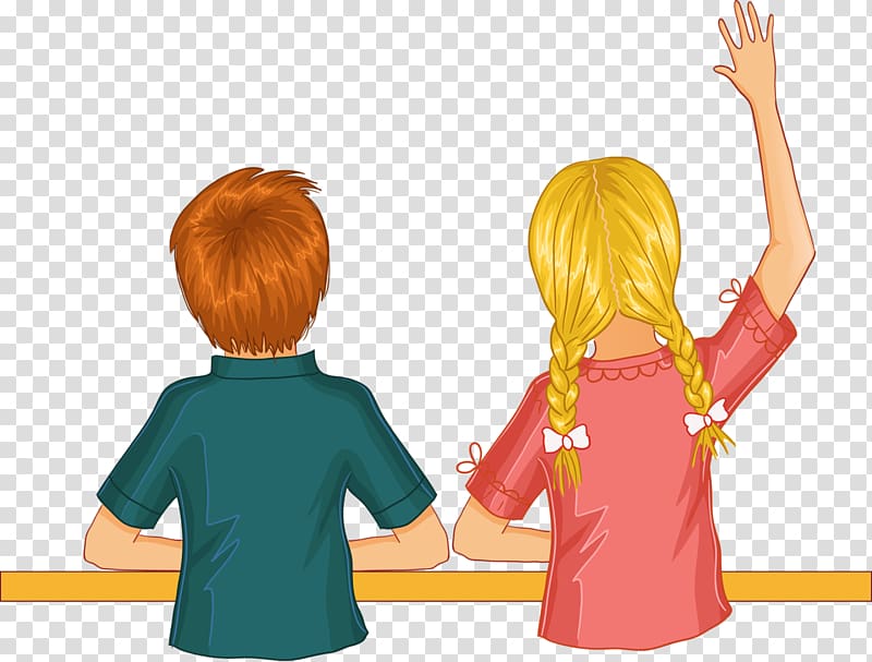 Back view of two children at a desk; boy with red hair in green shirt, girl with blonde braids raising hand in pink dress.