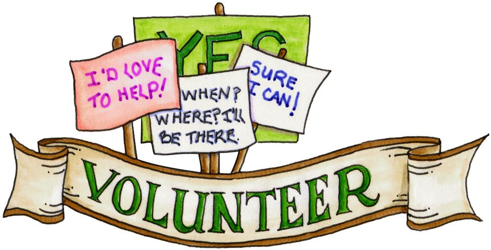 Colorful hand-drawn volunteer signs with phrases like "I'd love to help!" and "Sure I can!" on a banner reading "VOLUNTEER".
