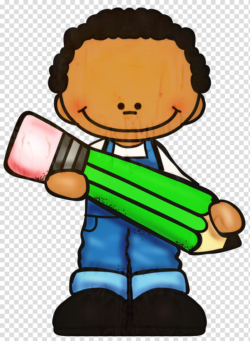 Smiling cartoon boy with curly hair holding a large green pencil with pink eraser.