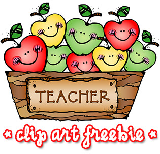Smiling apples in a wooden basket labeled "TEACHER", with text "*clip art freebie*"