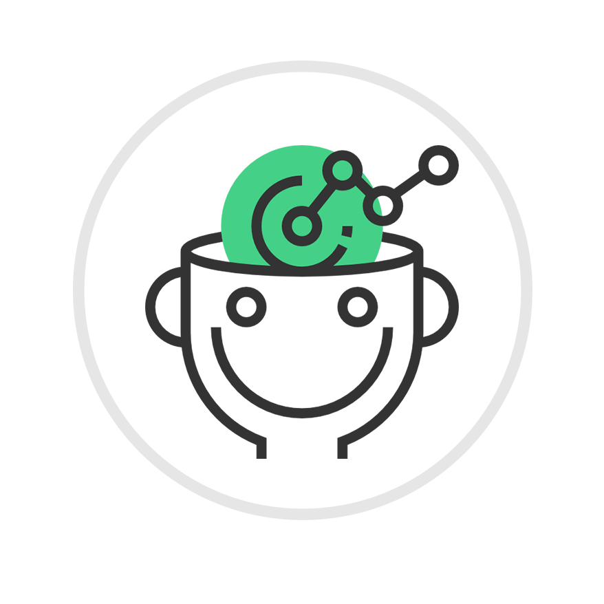 Smiling cup-shaped character with a green brain and neural network icon inside its head, symbolizing AI or smart thinking.