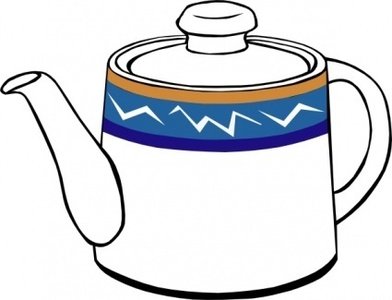 White ceramic teapot with blue and orange geometric band design, lid on, spout left, handle right.