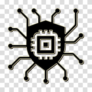 Black shield icon with microchip center and circuit-like extensions, symbolizing cybersecurity and digital protection.