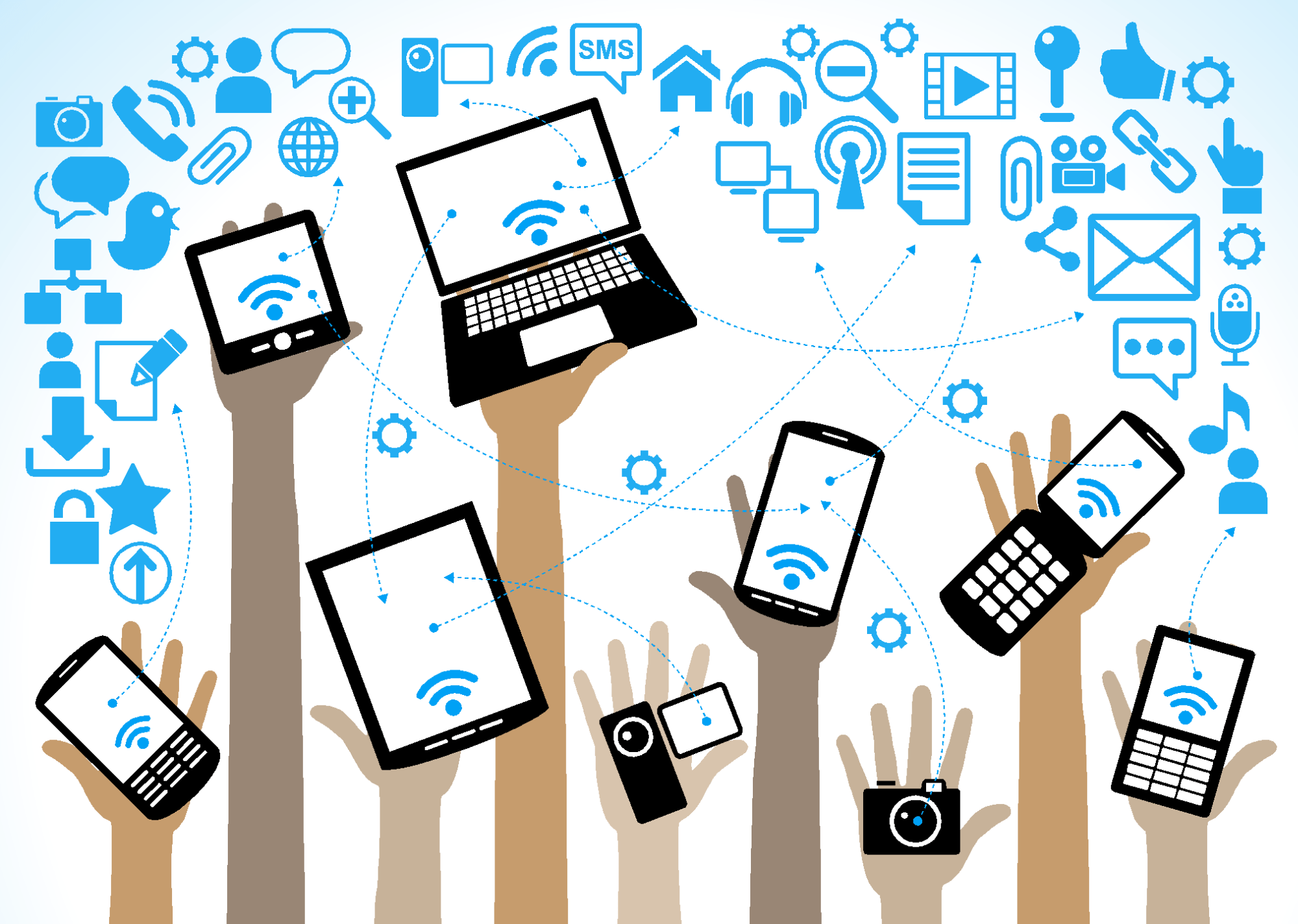 Hands holding various connected devices-smartphones, tablets, laptops-with Wi-Fi symbols and digital icons illustrating networked communication.