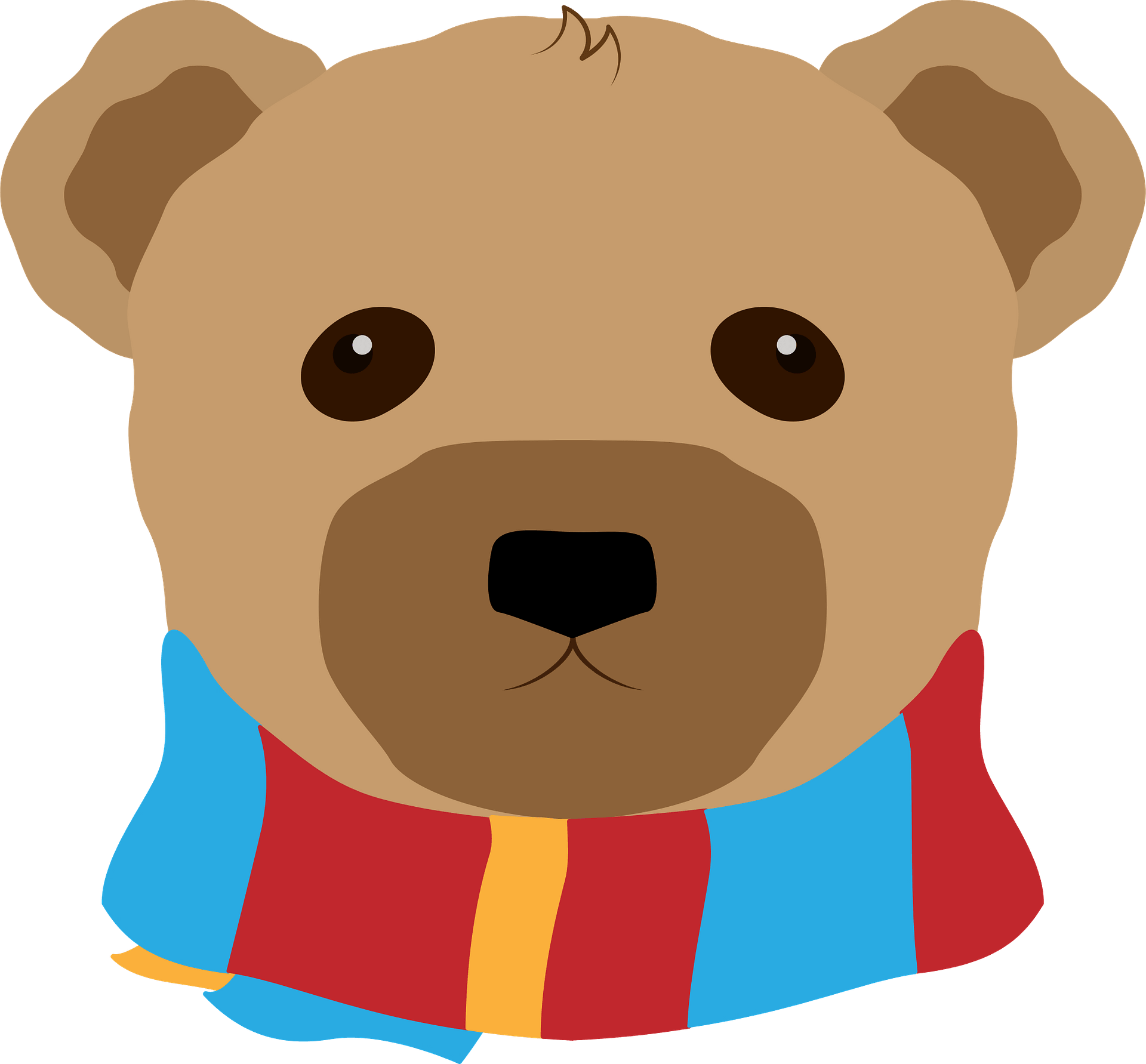 Cute cartoon teddy bear wearing a red, blue, and yellow striped scarf against a teal background.