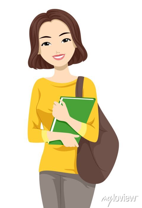 Smiling woman with brown hair, yellow top, holding green notebook and carrying brown shoulder bag.