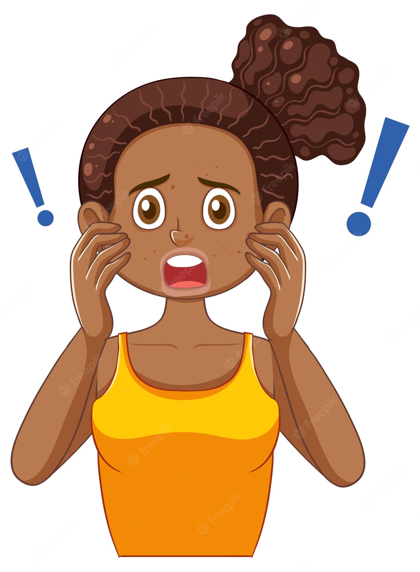 Shocked young Black woman with curly hair in a bun, hands on cheeks, wide eyes and open mouth, blue exclamation marks on sides.