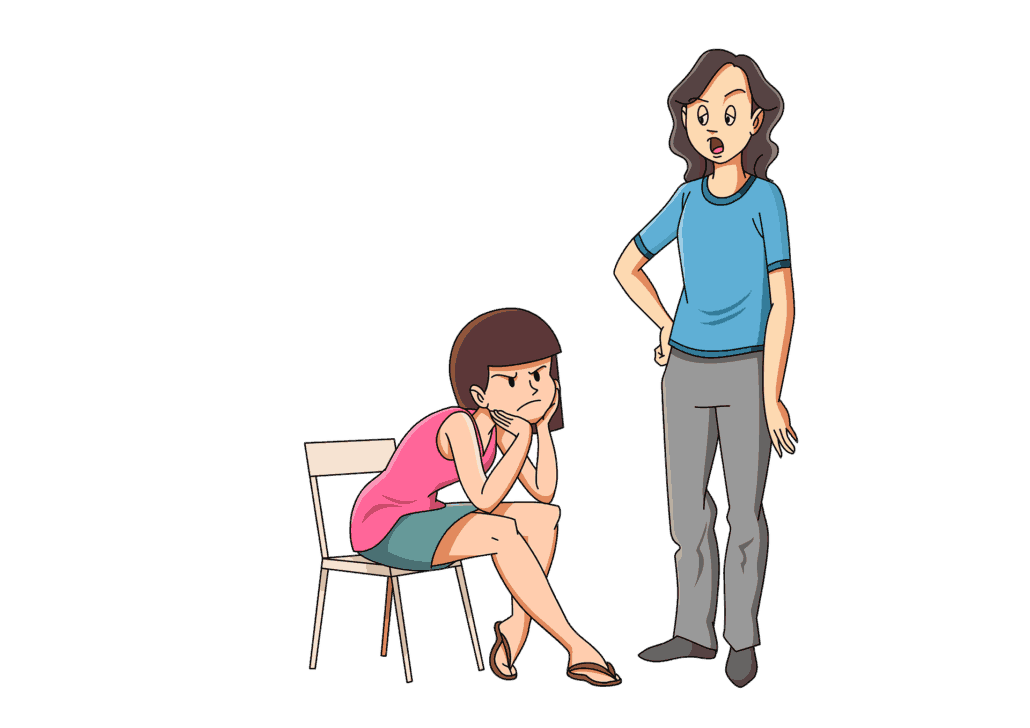 A frustrated young woman sits slumped on a chair while an older woman stands beside her, speaking sternly with hands on hips.