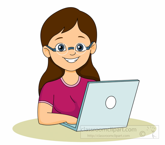 Smiling girl with glasses using a laptop, cartoon illustration for education or e-learning contexts.