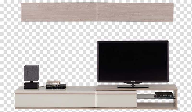 Modern minimalist TV stand with floating wall cabinets, speaker, books, and flat-screen TV on light wood finish unit.