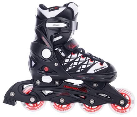 Black and white Tempish inline skate with red accents, four wheels, and adjustable boot.