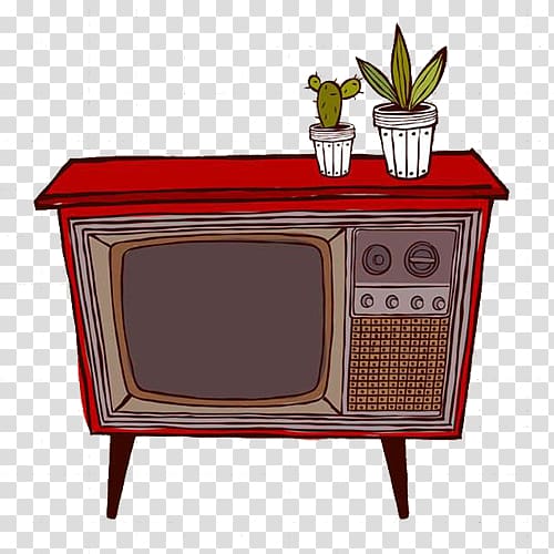 Vintage red retro television with two potted plants on top, illustrated in hand-drawn style.