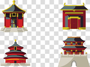 Four illustrated Chinese traditional temple and gate structures in red, gold, and gray on transparent background.