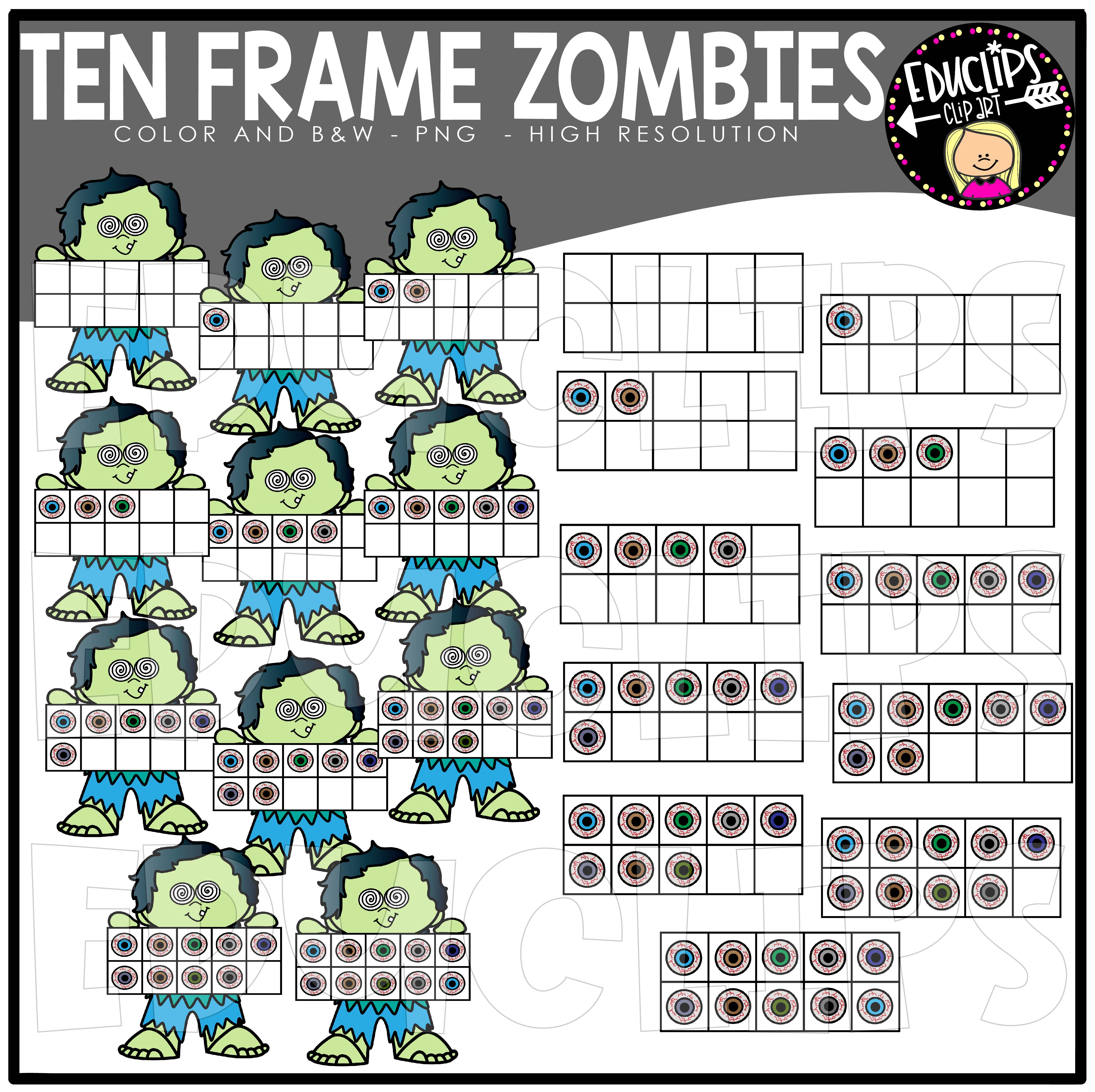 Ten Frame Zombies educational clip art with color and black-and-white PNGs for math counting activities.