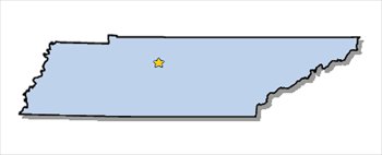 Light blue outline map of Tennessee with a yellow star marking the approximate center of the state.