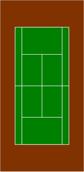 Diagram of a standard tennis court layout with green playing surface and white boundary lines on a brown background.