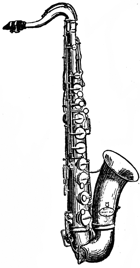 Vintage black-and-white line drawing of a curved soprano saxophone with intricate keywork and engraved bell.