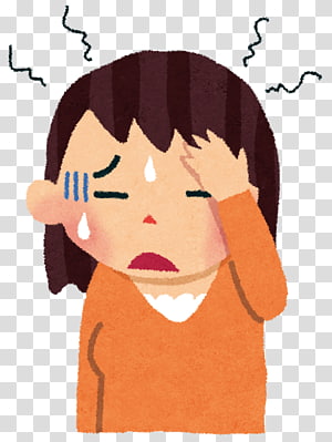 Stressed cartoon woman with headache, sweating, holding her head in distress