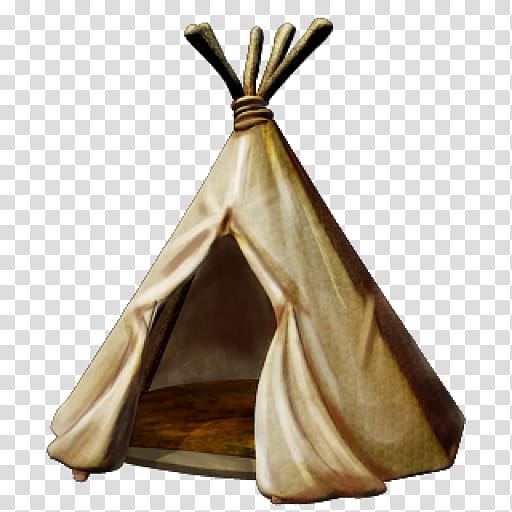 Traditional Native American tipi with canvas cover and wooden poles, open flap revealing interior.