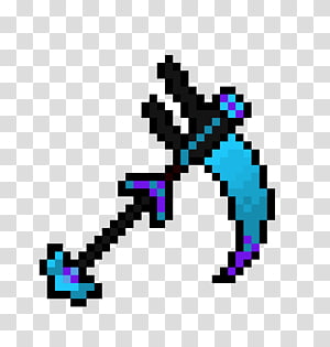 Pixel-art scythe with cyan blade and purple accents on transparent background.