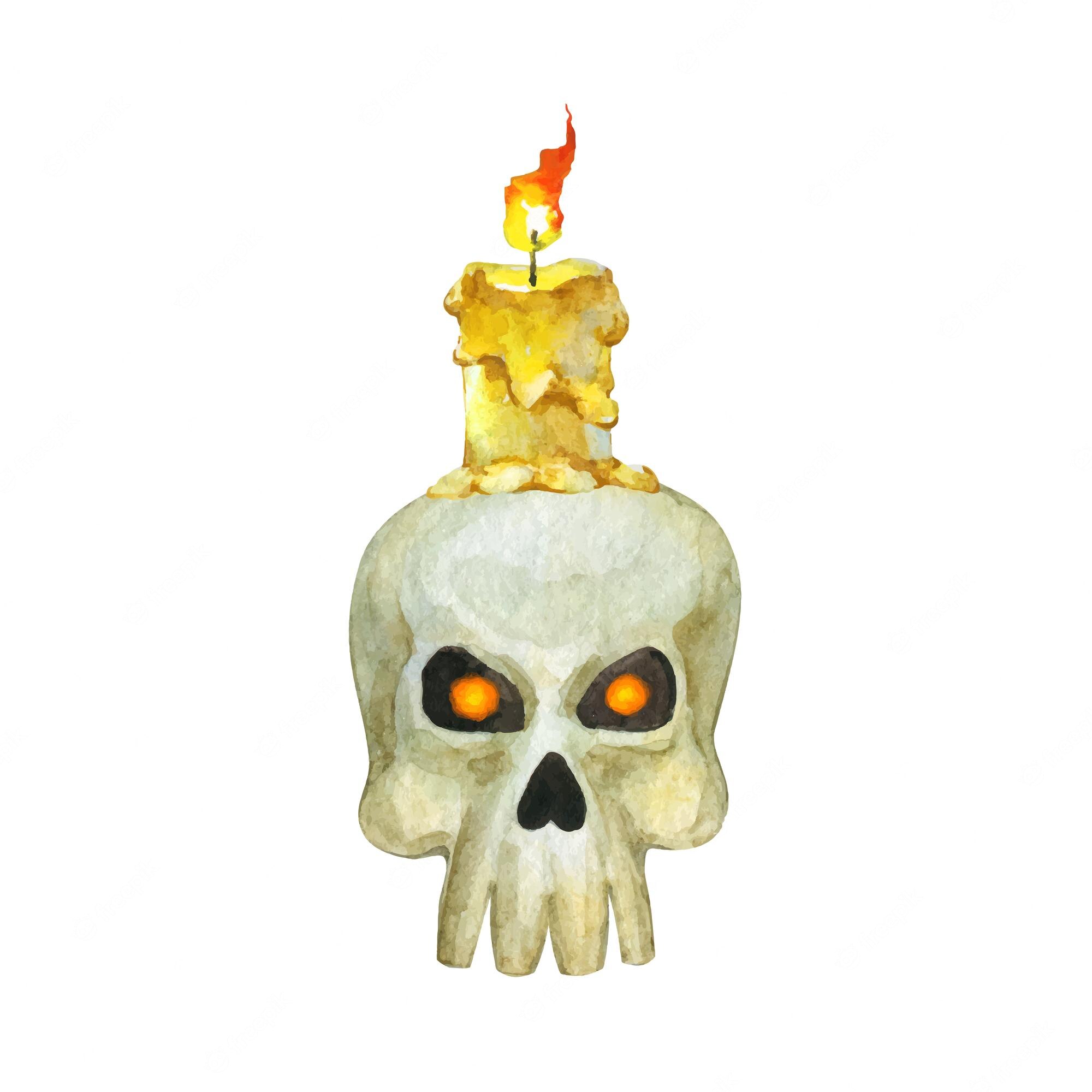Skull with Candle Illustration - Spooky Watercolor Art for Halloween & Gothic Design