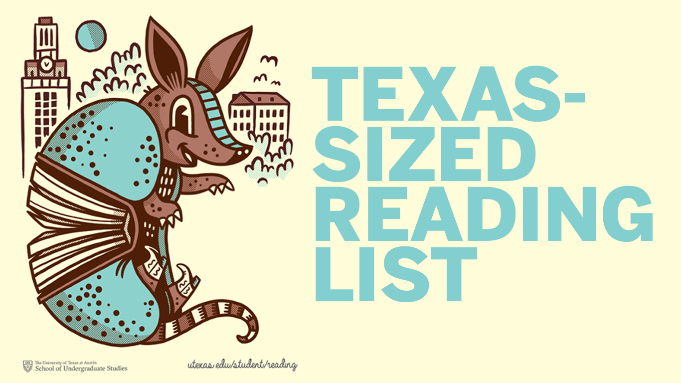 Illustrated armadillo reading a book with UT Austin landmarks in background, promoting the Texas-Sized Reading List.