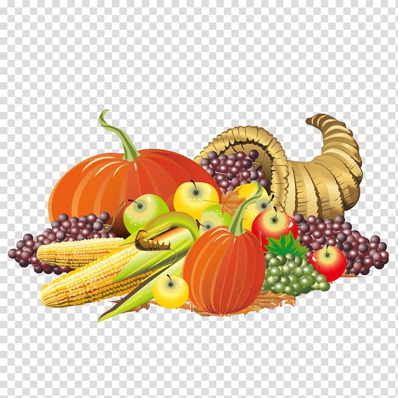 Cornucopia overflowing with pumpkins, apples, grapes, corn, and autumn harvest fruits and vegetables.
