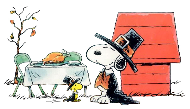 Snoopy and Woodstock in Pilgrim hats beside a Thanksgiving turkey on a table, with Snoopy’s doghouse nearby.