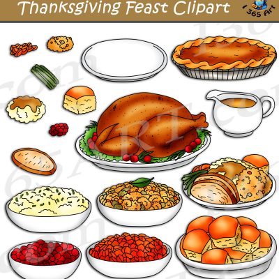 Thanksgiving feast clipart featuring roasted turkey, pies, mashed potatoes, cranberry sauce, stuffing, rolls, and gravy.