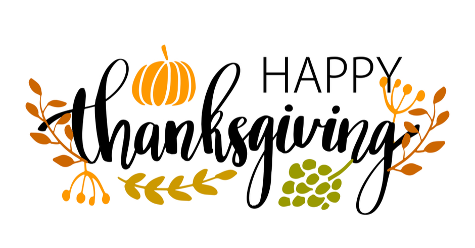 Happy Thanksgiving decorative text with pumpkin and autumn leaves in orange, yellow, and green.