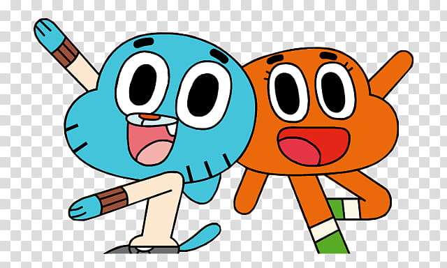 Gumball and Darwin from The Amazing World of Gumball dancing joyfully with wide smiles and expressive eyes.