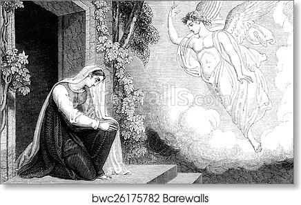 A woman kneels in prayer at a doorway as an angel descends from the heavens amid clouds and vines.