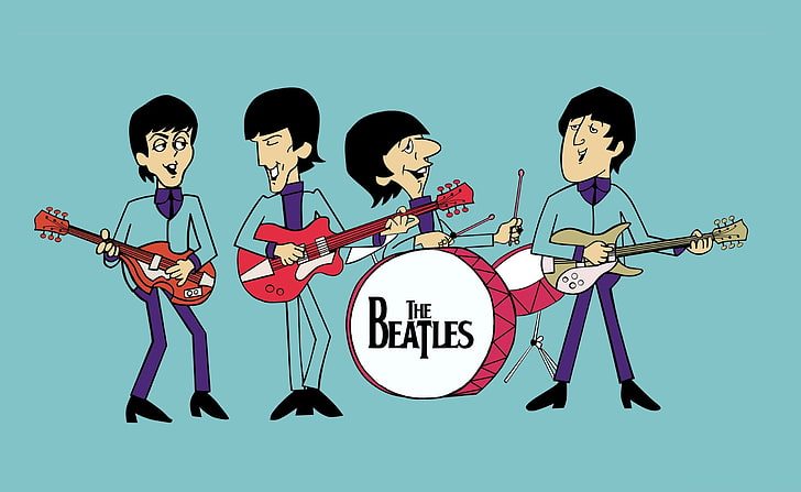 Animated cartoon of The Beatles playing instruments with "The Beatles" drum logo, in vibrant 1960s style.